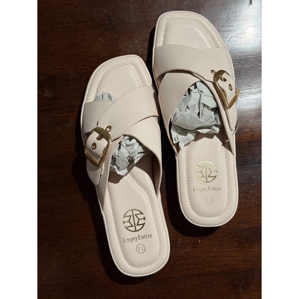 Empty Entire Cream Cross Strap Buckle Slide Sandals Square Toe Womens 7.5
